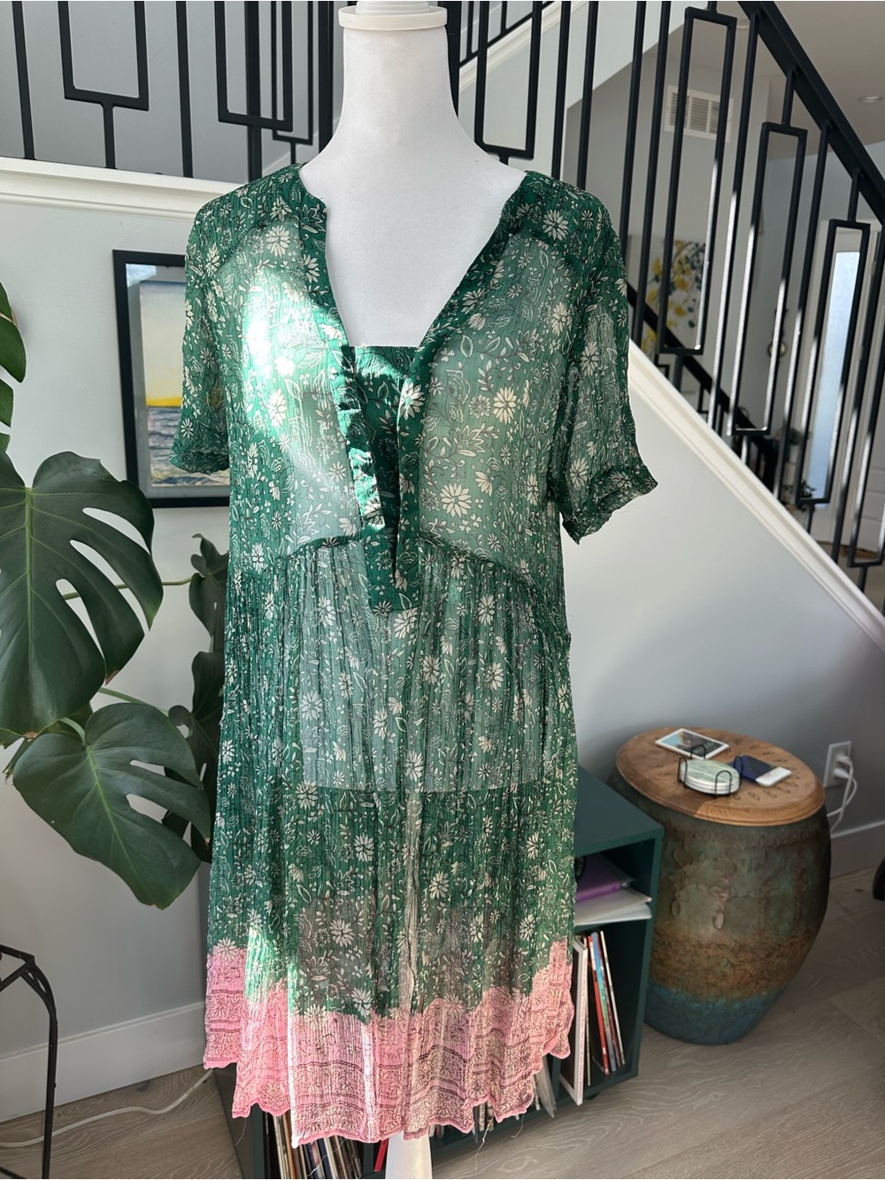 Free People Green Floral Tiered Midi Dress with Pink Hem